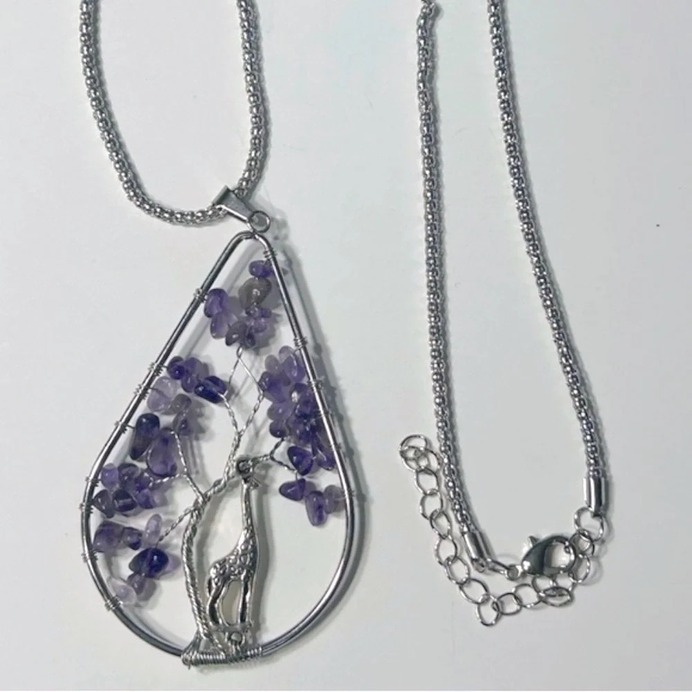 Wire Wrapped Amethyst Tree Of  Life w/Giraffe Pendant🦒📿🟣 - Picture 2 of 9